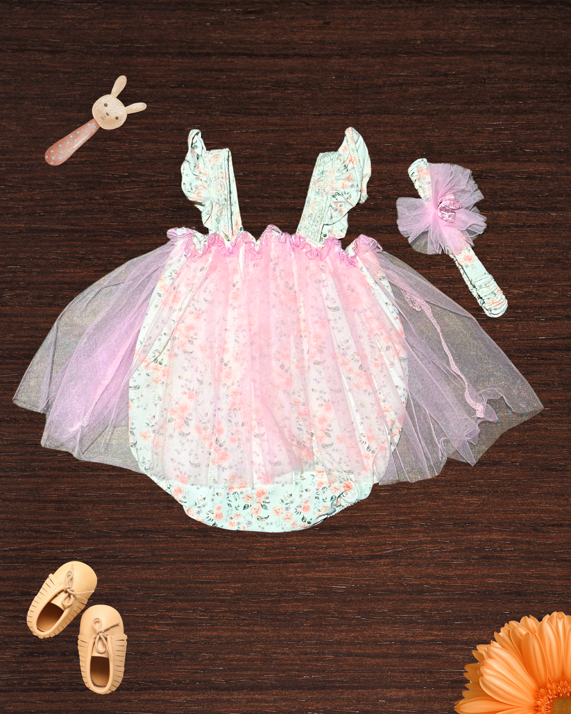 Baby Girl Fancy Half Romper with Hair Bow – 0-3, 3-6, 6-9 Months