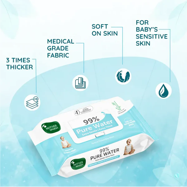 Mother Sparsh 99% Pure Water Unscented Baby Wipes - Medical Grade Fabric (72 pcs)
