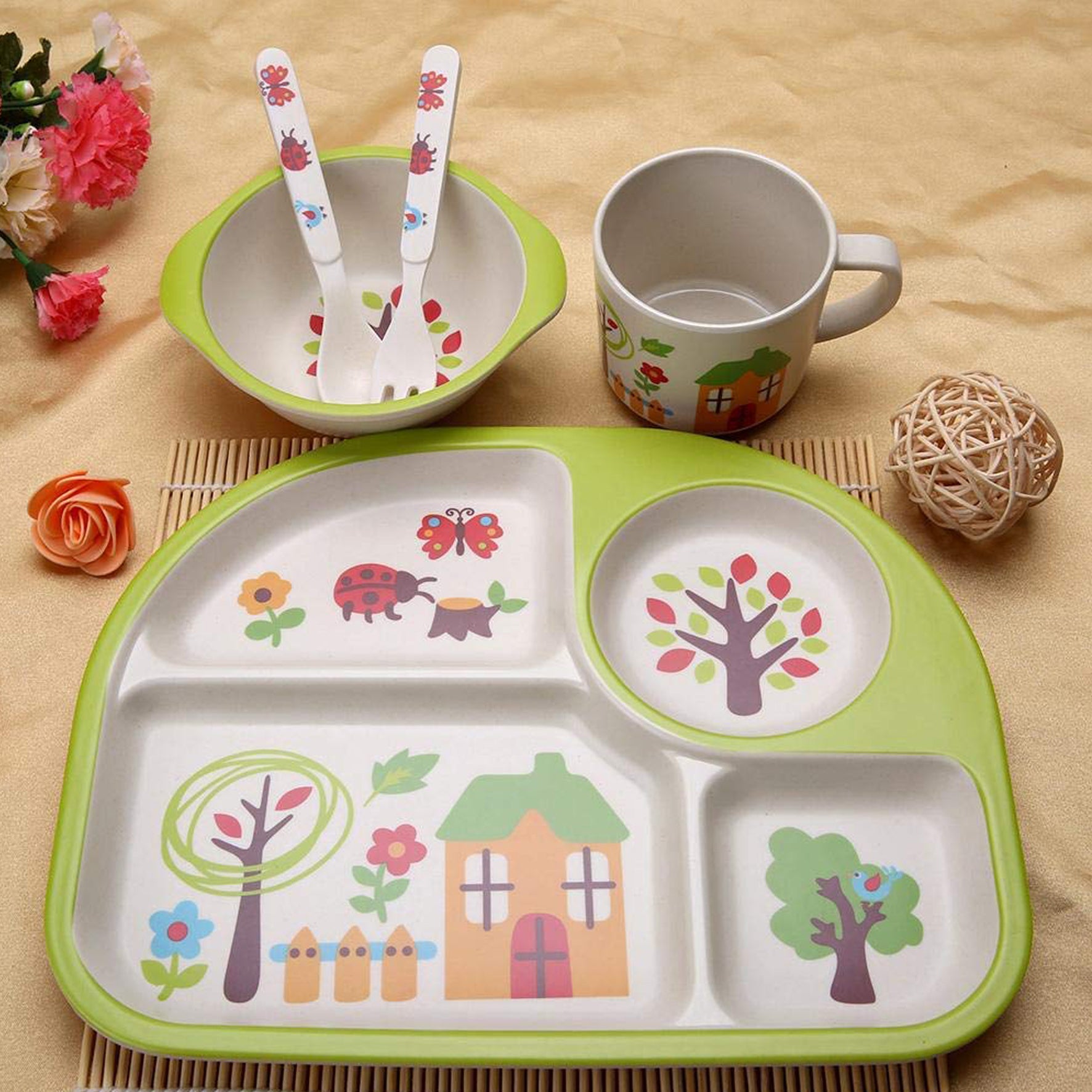 5 Pcs/Set Bamboo Fiber Children Tableware, Safe Easy to Clean Children Tableware, for Baby Kid(Green Home)