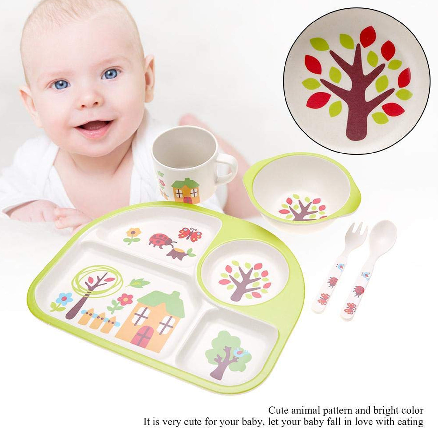 5 Pcs/Set Bamboo Fiber Children Tableware, Safe Easy to Clean Children Tableware, for Baby Kid(Green Home)