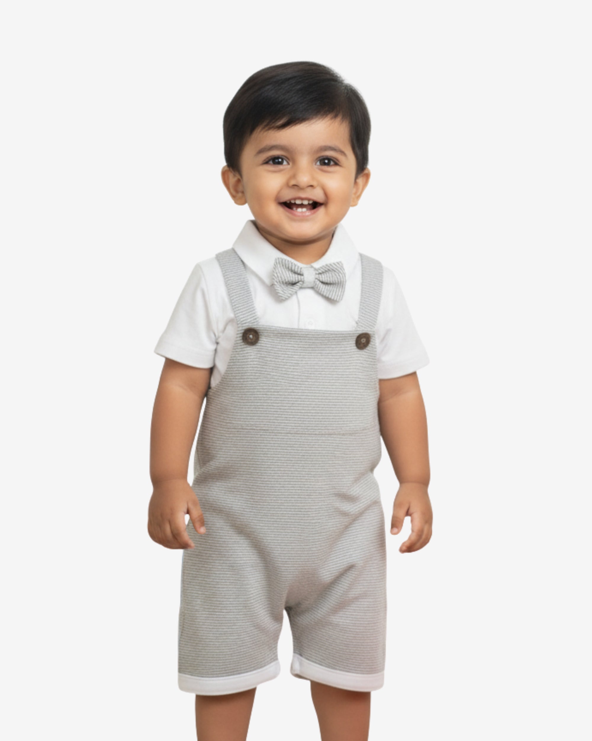 Baby Boy Gentleman Suit – Striped Suspender Style Romper with Bow Tie