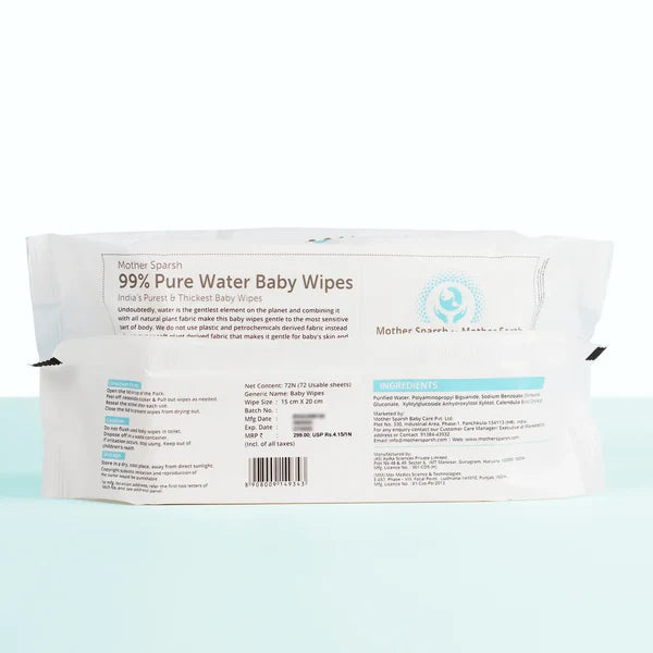 Mother Sparsh 99% Pure Water Unscented Baby Wipes - Medical Grade Fabric (72 pcs)