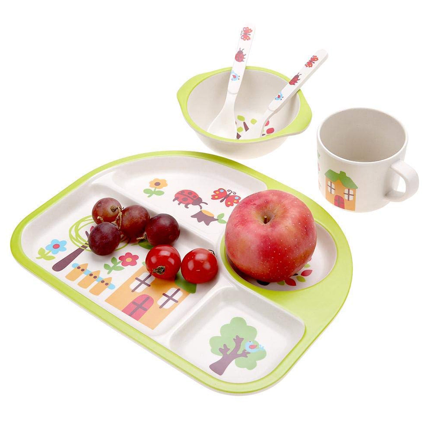 5 Pcs/Set Bamboo Fiber Children Tableware, Safe Easy to Clean Children Tableware, for Baby Kid(Green Home)