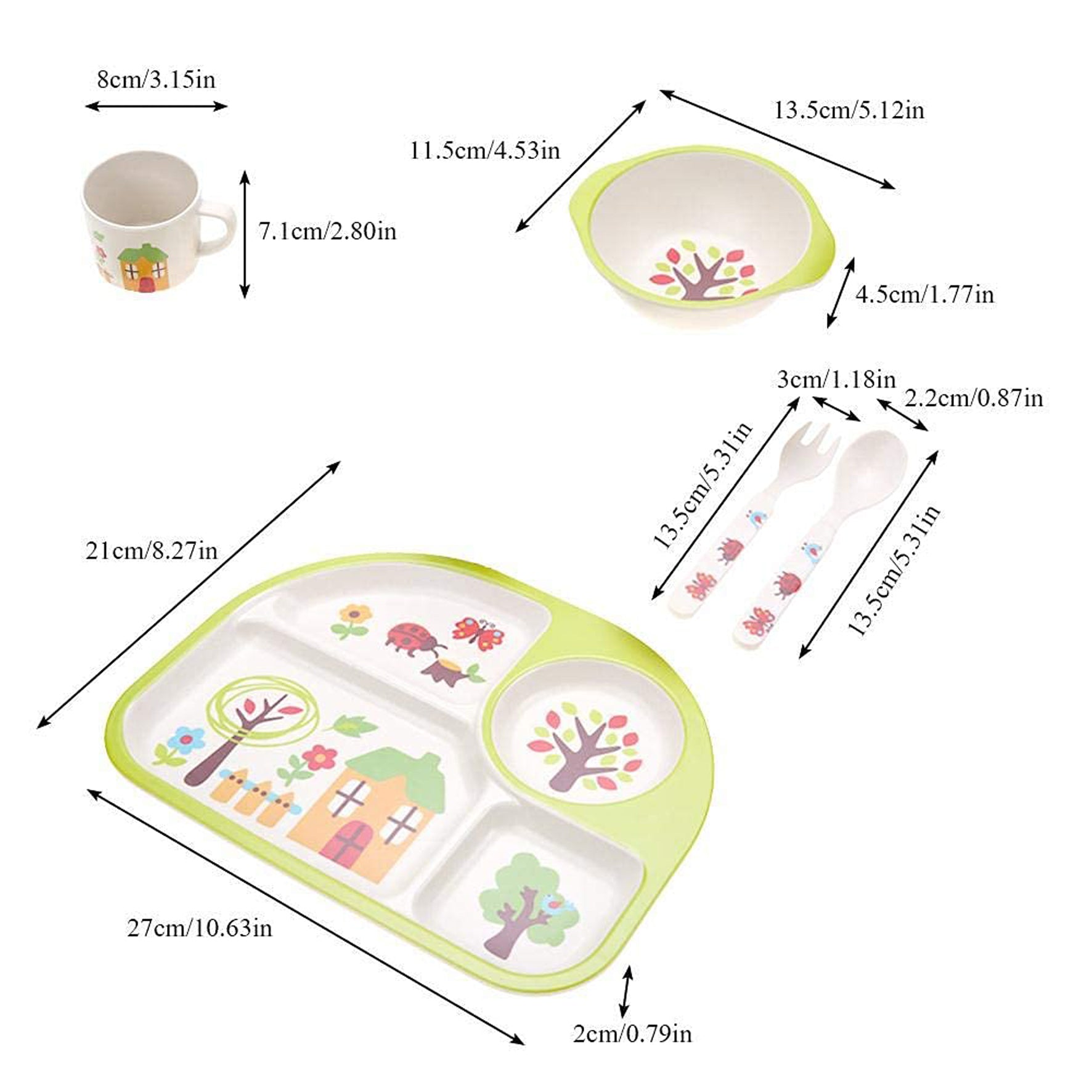 5 Pcs/Set Bamboo Fiber Children Tableware, Safe Easy to Clean Children Tableware, for Baby Kid(Green Home)