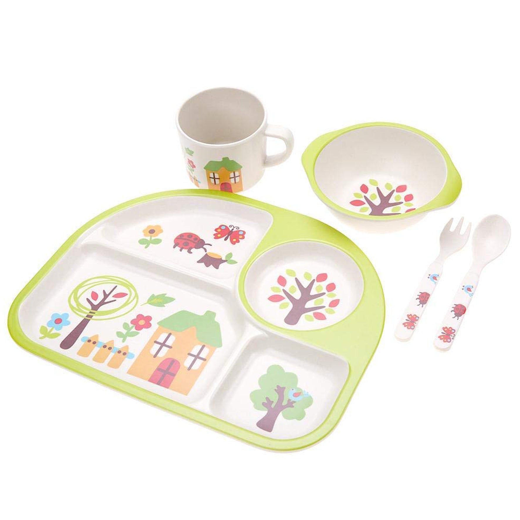 5 Pcs/Set Bamboo Fiber Children Tableware, Safe Easy to Clean Children Tableware, for Baby Kid(Green Home)