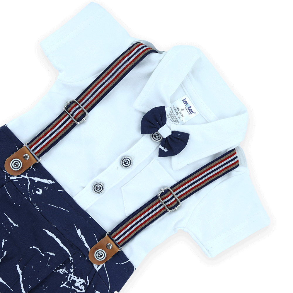 Boys White & Navy Half Sleeves T-shirt Short Set With Suspender