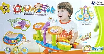 Drum Set with 3 Drums and Microphone, 18 Songs, 2 Drumsticks, Sound and Light Effects Making This Children's Drum Kit