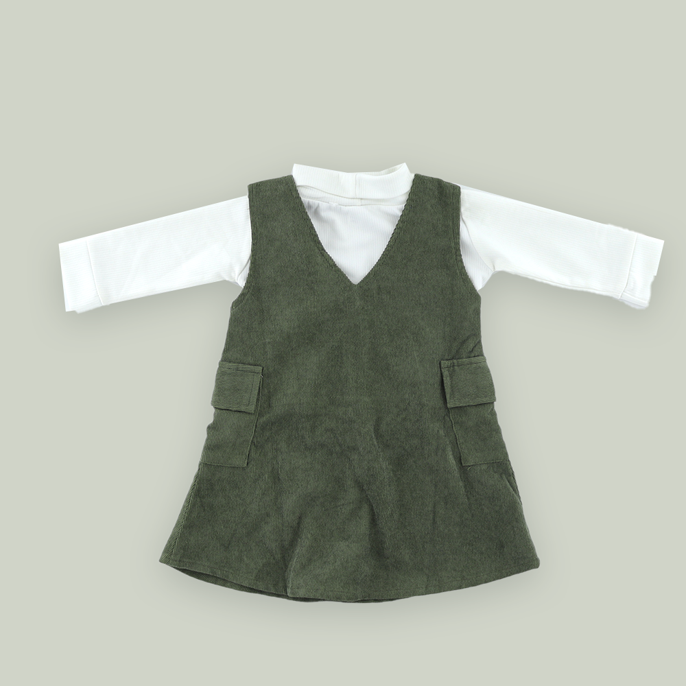 Girl Corduroy Pinafore Western Dress With Pockets