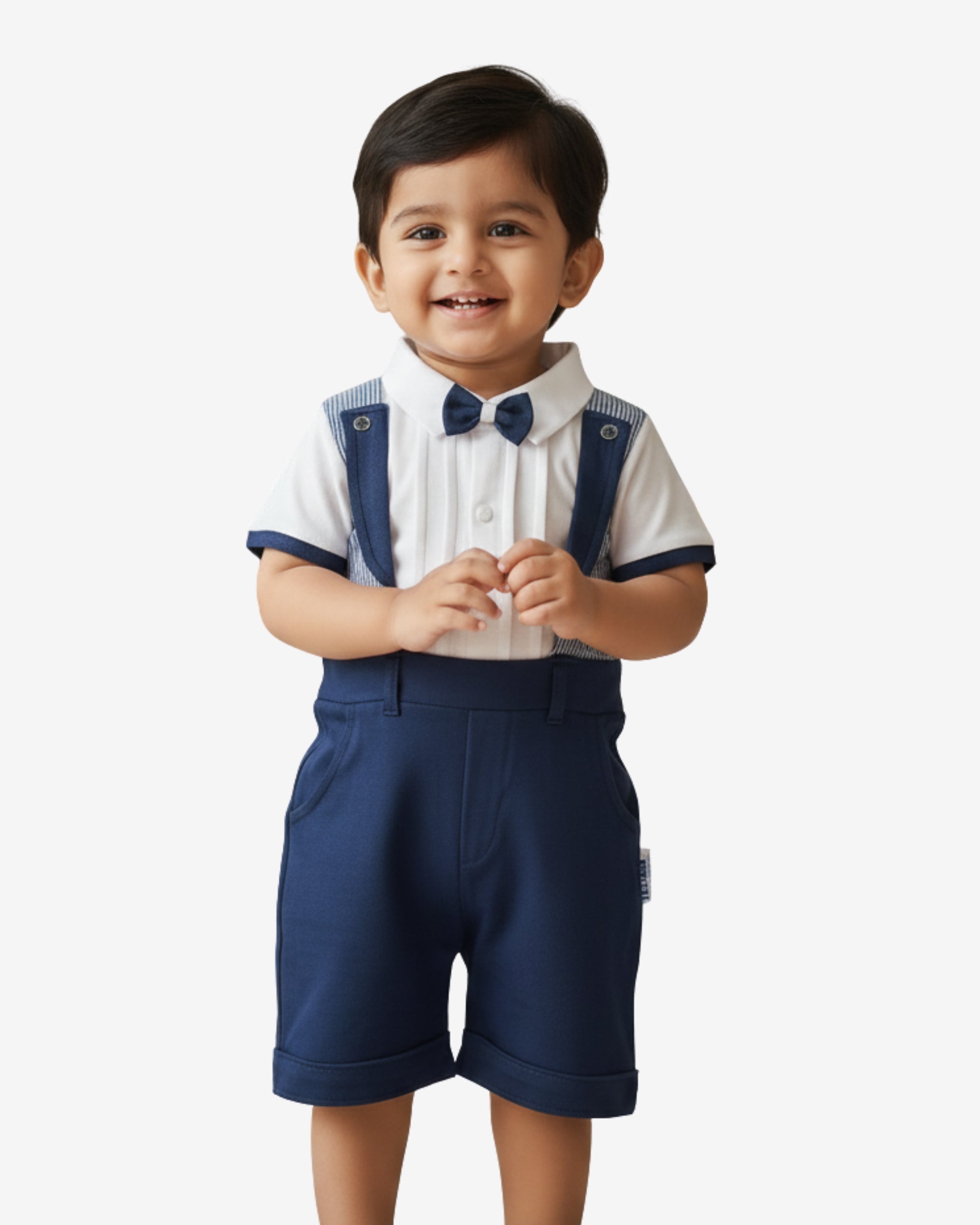 Baby Boy Gentleman Romper – Navy Blue Suspender Party Outfit with Bow Tie