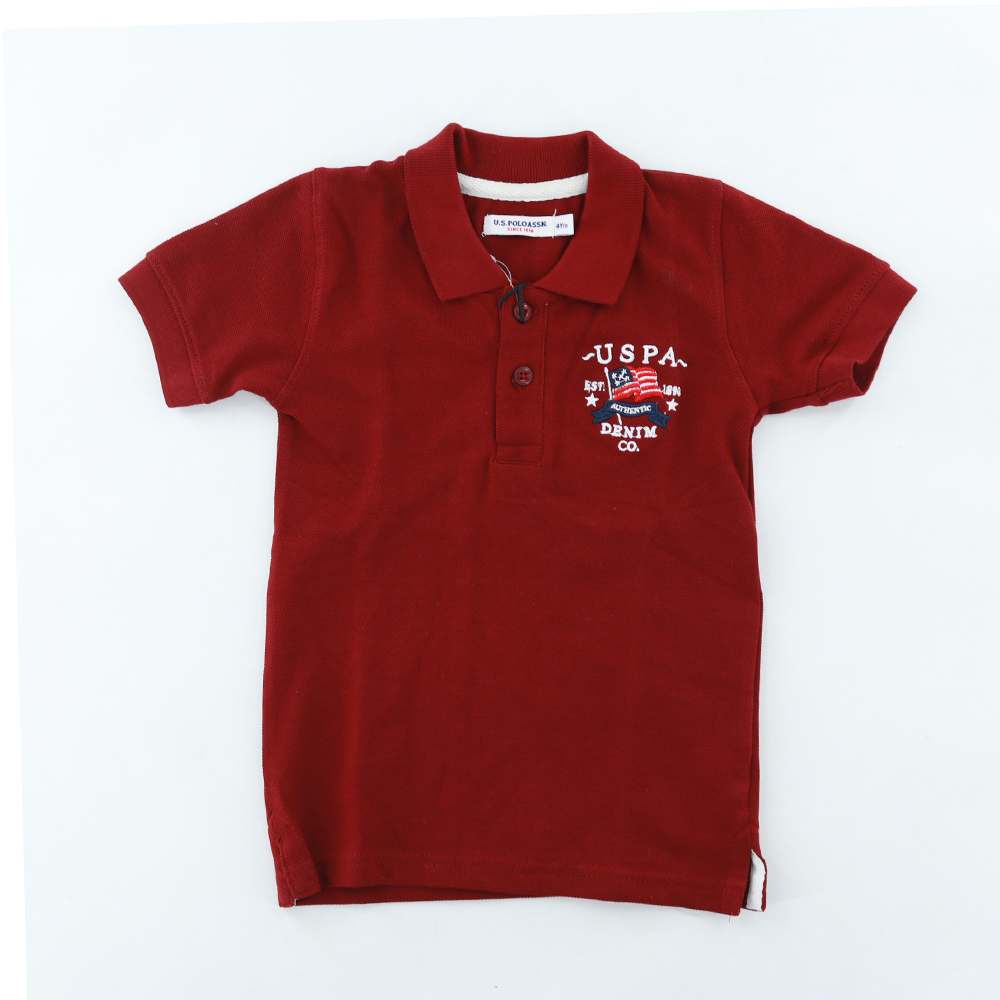Solid Polo Neck Pure Cotton Maroon T-Shirt For Boys