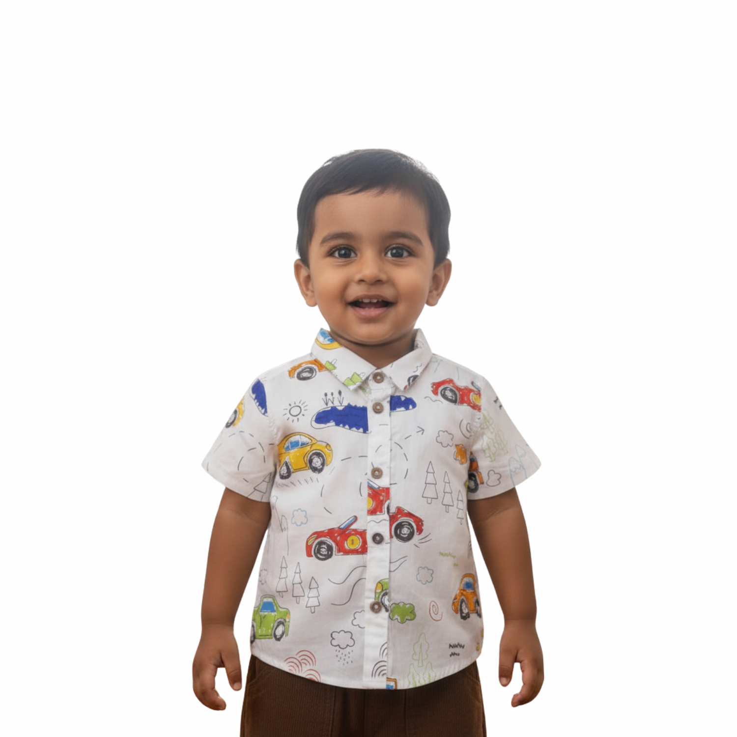Baby Boy Shirt & Shorts Set – Vehicle Print Shirt with Brown Shorts