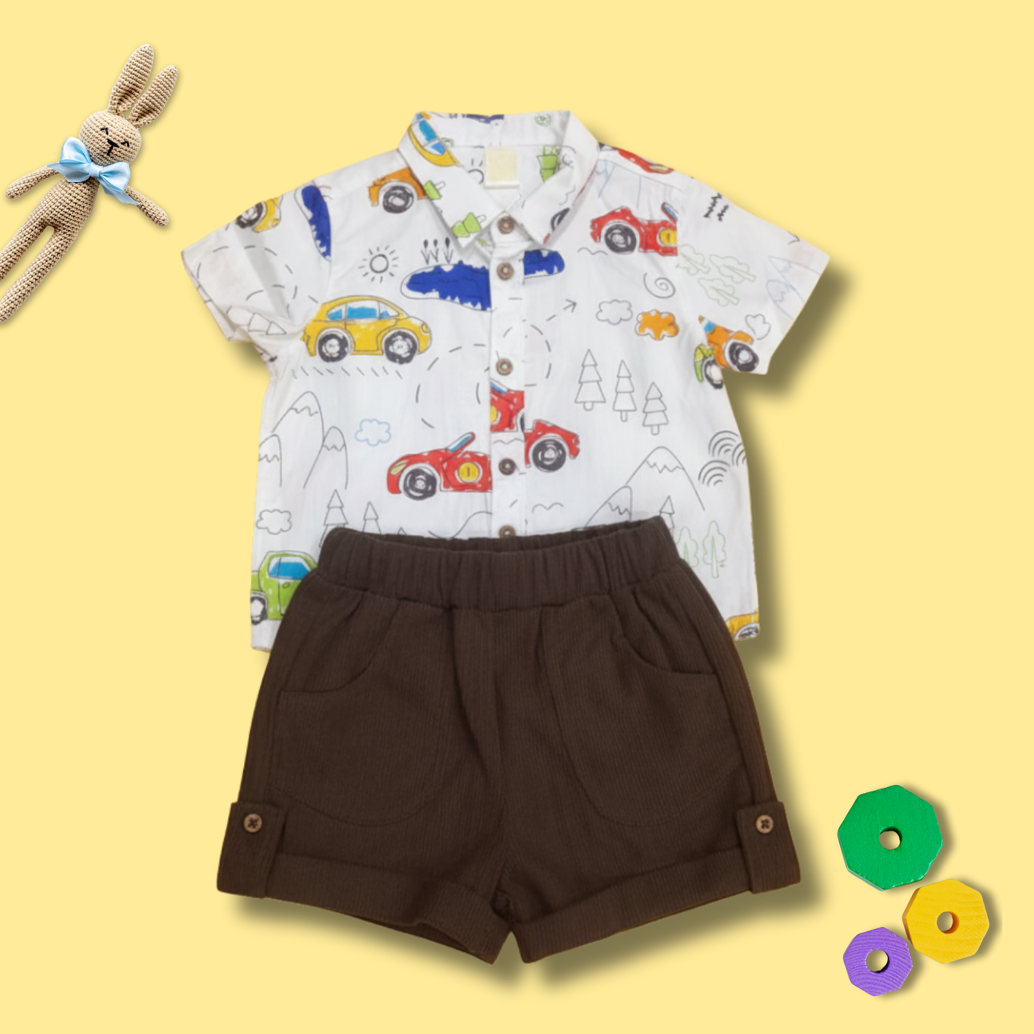Baby Boy Shirt & Shorts Set – Vehicle Print Shirt with Brown Shorts