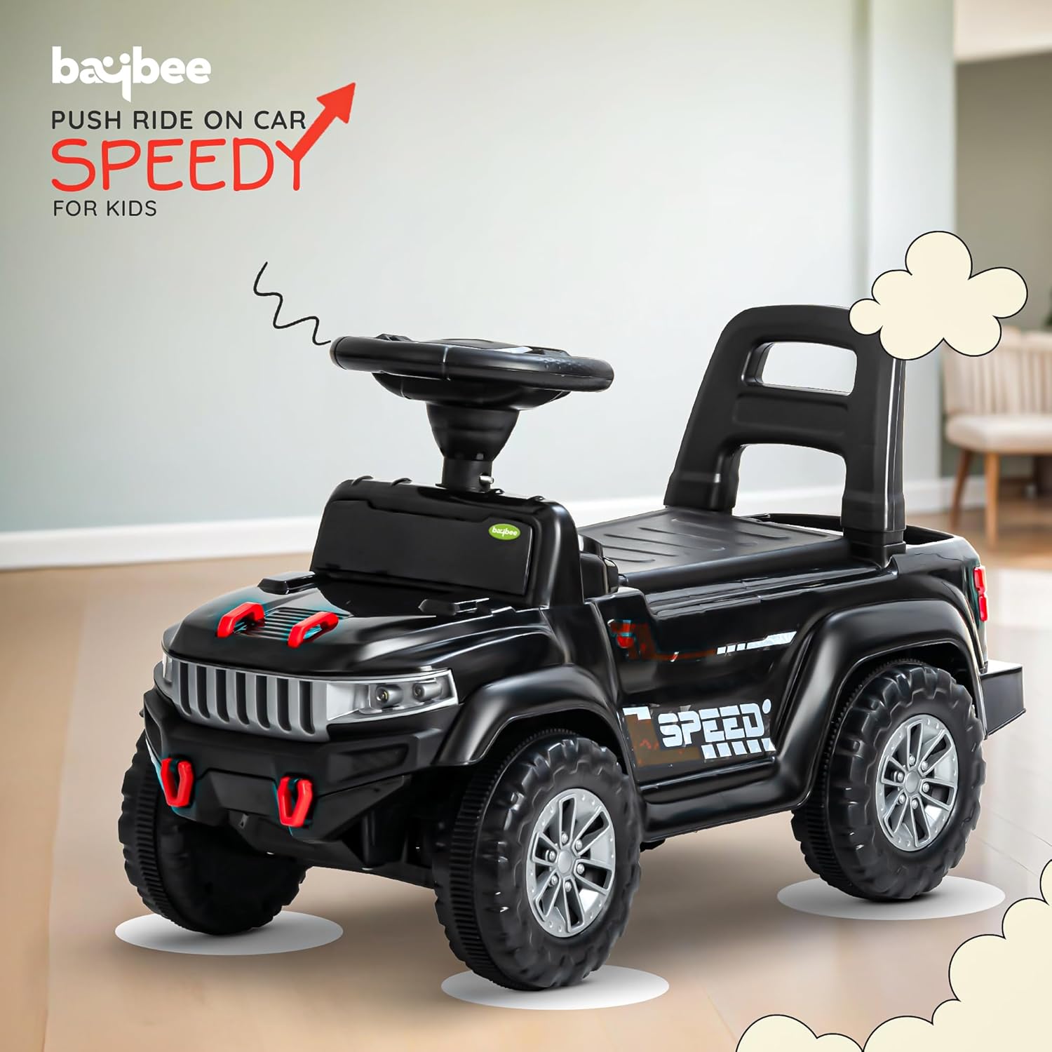 Speedy Push Ride-On Car 1–4 Years Music & LED Lights, High Backrest & Storage Basket