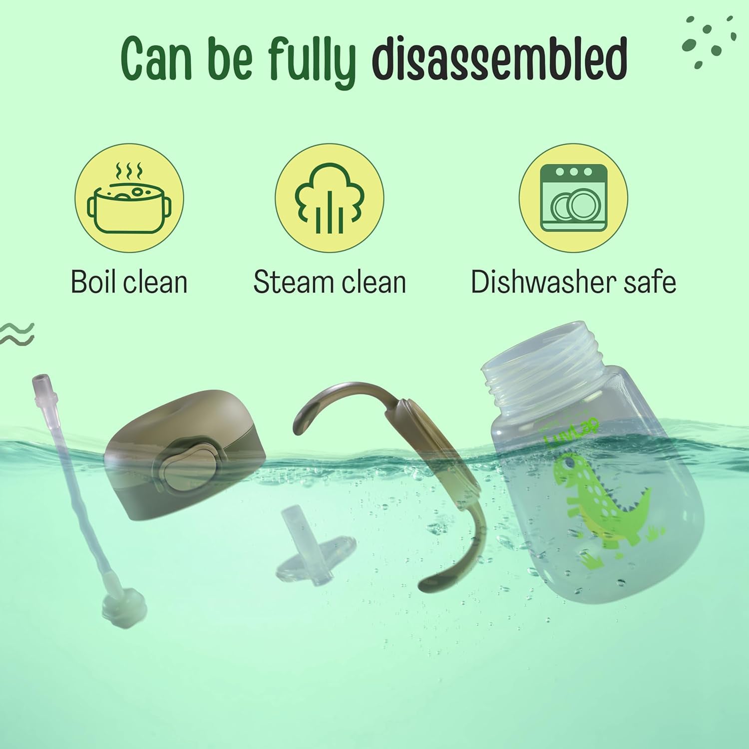 kidonex Dino Straw Sipper Bottle with Weighted Straw & Easy Grip Handles