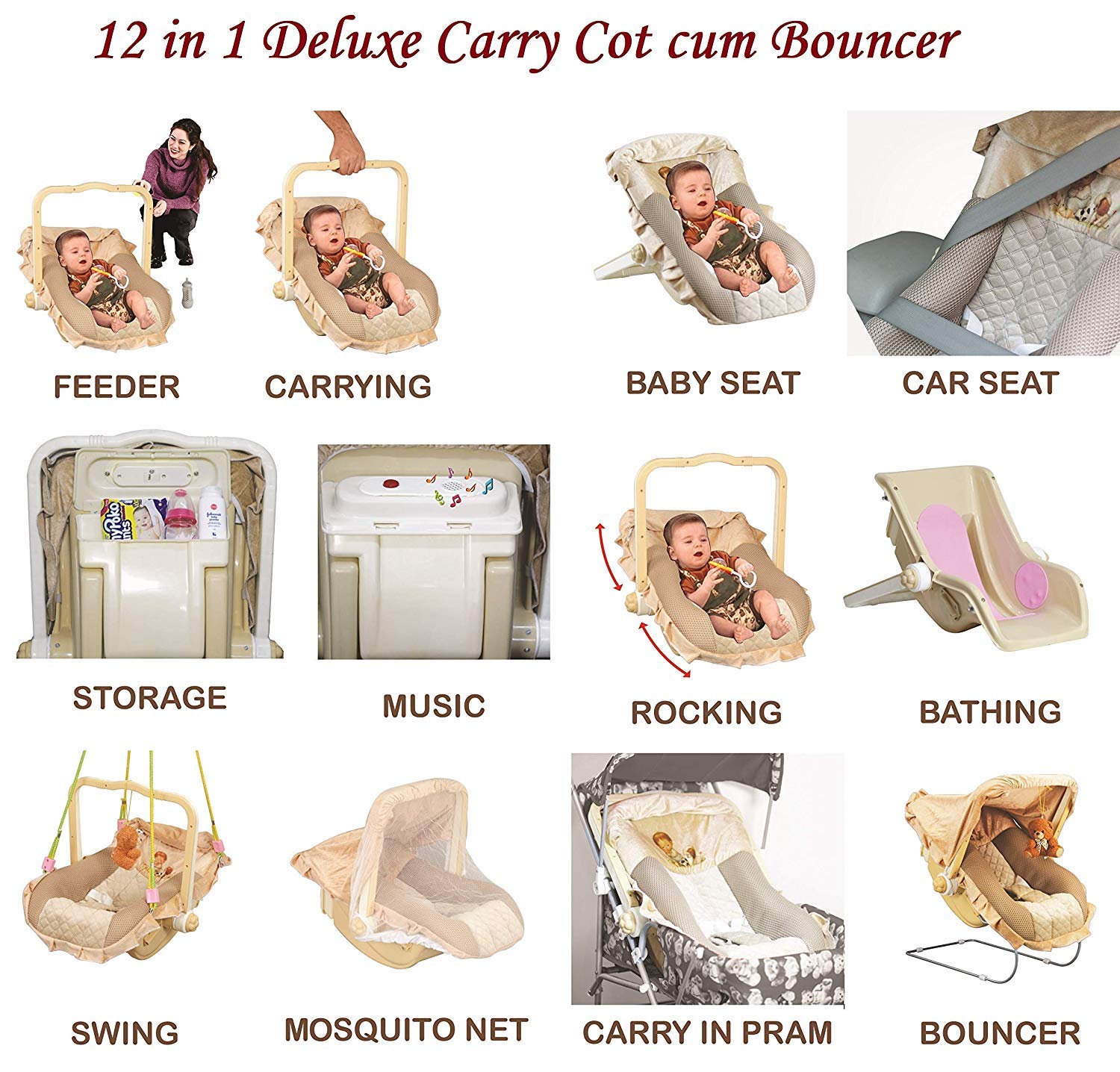 Premium Musical Baby Swing Rocker Carry Cot Cum Bouncer with Mosquito Net, Storage Box and Swinging Ropes